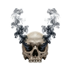 Obraz premium Macabre art, Human skull with plumes of ghostly vapor emanating from eye sockets and surrounding it