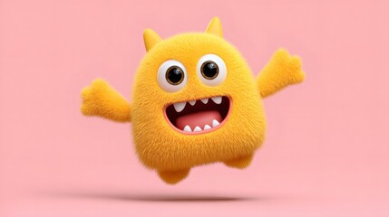 Cute fluffy yellow monster with wide smile and big eyes. Happy cartoon character on pink background for children education and playful design element.