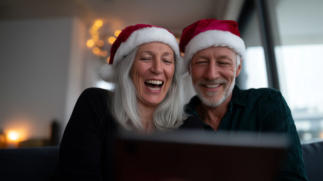 joyful senior couple celebrating Christmas indoors, wearing red Santa hats and smiling with excitement while making a video call on a tablet, warm natural daylight from window, coz