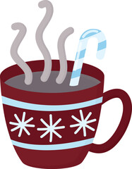 Red mug with holiday ornament filled with hot cocoa. Warm drink with striped candy cane