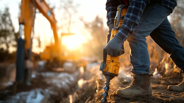A worker drills holes in the ground with a rig machine hyper realistic drill bits with clear details moody shadows on the soil bright saturation in drilling equipment ground