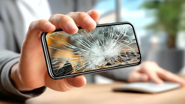 A hand holding a smartphone with cracked screen, macro shards, blured background, with copy space, modern fragility and tech conflict