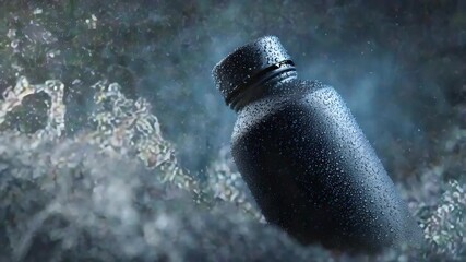 Dynamic water splash surrounds sleek dark bottle, evoking refreshment, purity, and adventure for beverage advertising and lifestyle campaigns.