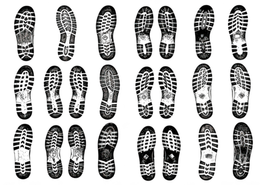 Footprints of shoes in black ink isolated on transparent background