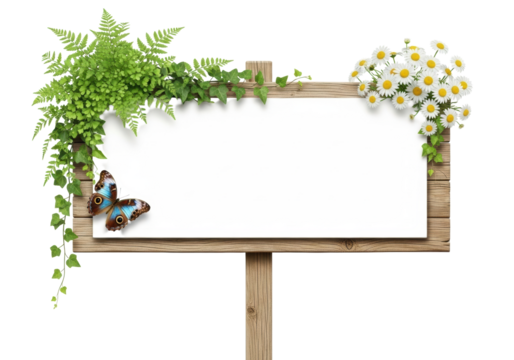 Rustic weathered wooden signpost with blank white board, green ferns, ivy, white daisies, and iridescent blue butterfly, on a bright white background, concept of natural custom messaging