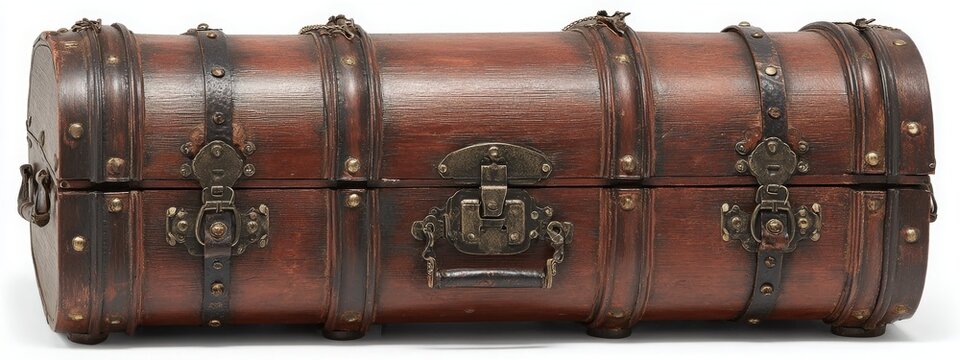 Vintage treasure chest: A meticulously crafted antique wooden chest, adorned with robust leather straps and intricate metal clasps, is a symbol of history, travel, and timeless value.