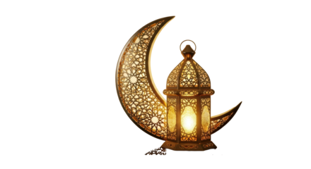 Intricate golden Arabic lantern, glowing, golden crescent moon on reflective dark surface, golden gradient, studio shot, copy space. Festive Ramadan & Eid atmosphere