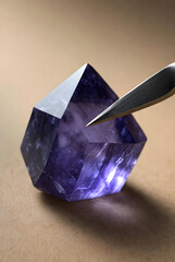Fototapeta premium The image depicts a close-up of a crystal. The crystal has a faceted structure with shimmering reflections, creating a striking visual effect.