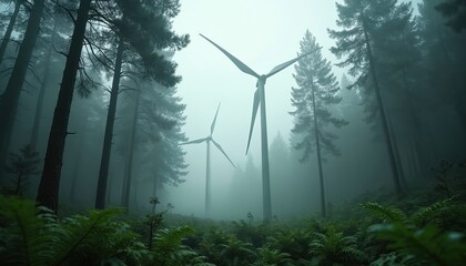 Misty forest with wind turbines. Tall pine trees and green ferns surround modern energy generators. Foggy atmosphere creates a sense of mystery and progress in nature.