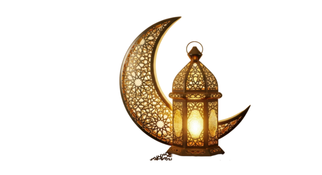 Intricate golden Arabic lantern, glowing, golden crescent moon on reflective dark surface, golden gradient, studio shot, copy space. Festive Ramadan & Eid atmosphere