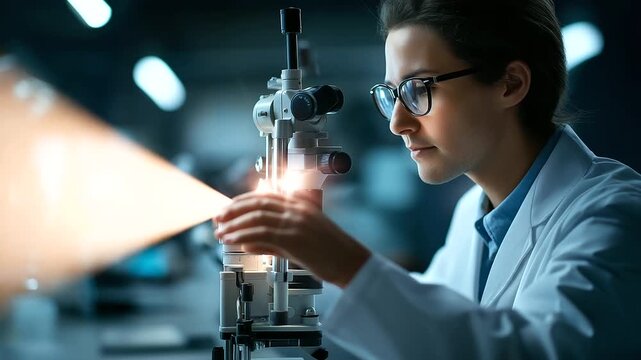 An ophthalmologist examines eyesight with diagnostic equipment hyper realistic eye chart with clear details moody shadows in the clinic bright saturation in medical tools