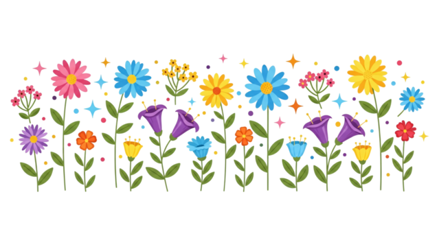 Seamless pastel floral border — hand-drawn flat vector of colorful flowers, leaves and stems in a horizontal pattern for spring backgrounds, greeting cards, nursery decor, textiles and wrapping paper