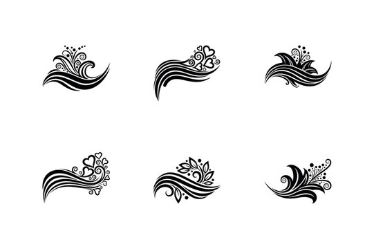 Set of six abstract black and white decorative floral swirl elements with flowing lines and delicate heart shapes - Powered by Adobe