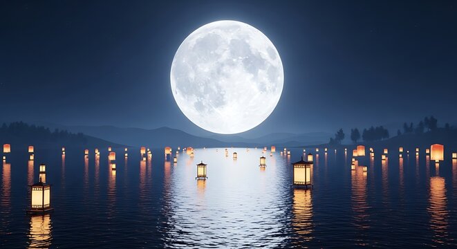 Moon Over Water Lanterns Night Sky