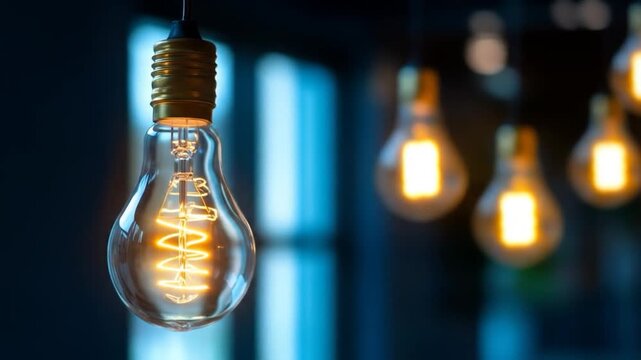 Glowing spiral filament light bulb warm illumination bokeh background