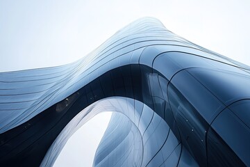 sleek alien skyscraper with flowing curves and reflective surfaces