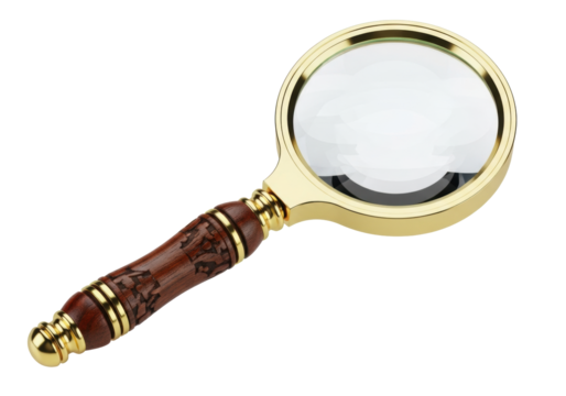 A vintage magnifying glass with gleaming brass frame, clear glass lens, and intricately carved dark wood handle, isolated on transparent, ample copy space. Concept of intellectual discovery