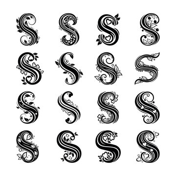 Collection of sixteen ornamental black silhouette capital letter s monograms stylized with intricate floral elements and heart shapes