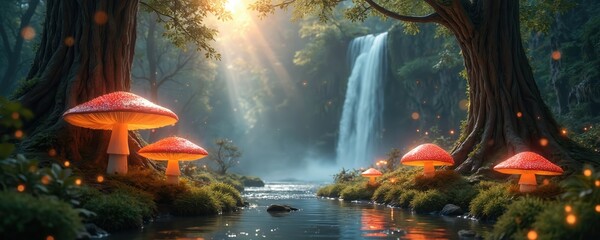 Magical forest scene with glowing red mushrooms near a waterfall and stream. Sunlight streams through ancient trees illuminating the mystical woodland. Tiny orbs of light float in the misty air.