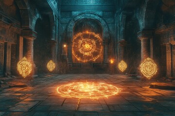 temple courtyard inside a castle surrounded by mystical glowing symbols