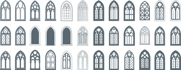 Gothic window silhouette set featuring 35 unique architectural designs with pointed arches, tracery, mullions, and ornate medieval decorative patterns