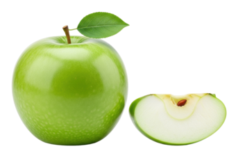 Vibrant green Granny Smith apple with stem & leaf, beside crisp slice revealing white flesh & seed, isolated on transparent background with reflection, soft studio light. Concept of healthy eating and