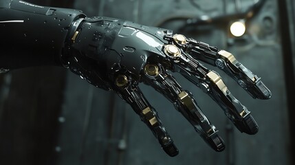 Close up of a futuristic robotic hand with intricate details and metallic finish