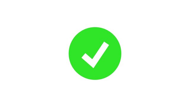 Animated reveal of a white checkmark icon in a green circle. Isolated on a white background.
