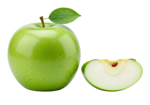 Vibrant green Granny Smith apple with stem & leaf, beside crisp slice revealing white flesh & seed, isolated on transparent background with reflection, soft studio light. Concept of healthy eating and