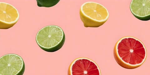 Vibrant citrus fruit halves including lemons limes and grapefruit arranged in a playful pattern against a pink background ideal for summer-themed designs