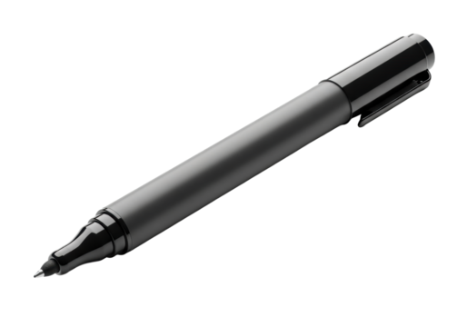 Black permanent marker with dark grey barrel, black cap, fine felt tip, brand new, on seamless transparent background with soft studio light, product showcase concept