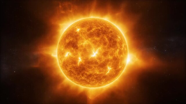 Cinematic 3D animation of the Sun, a fiery burning star, with a hot glowing corona and visible solar flares in deep space