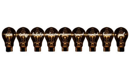 Eleven perfectly aligned vintage Edison light bulbs, each glowing warm gold with a business keyword in elegant white script, on a deep black background. Concept of business innovation