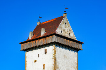 Hoarding on the Hermann Tower in the Narva Fortress in the Estonian town of Narva in the Baltic States
