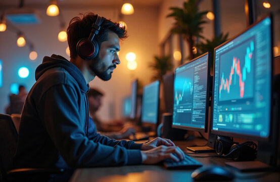 Young bearded man works with headphones on computer setup. Types on keyboard, focuses on multiple screens showing financial charts, code. Tech professional analyzes data, programs software in modern