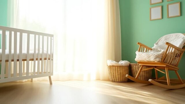 Cozy nursery room interior with white baby crib wooden rocking chair and baskets by sunlit window on light wood floor minimalist decor bright peaceful empty space