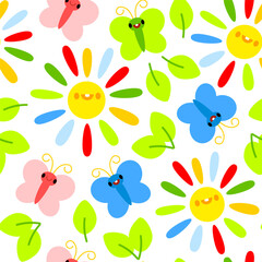 Children's seamless pattern of butterflies and colorful suns