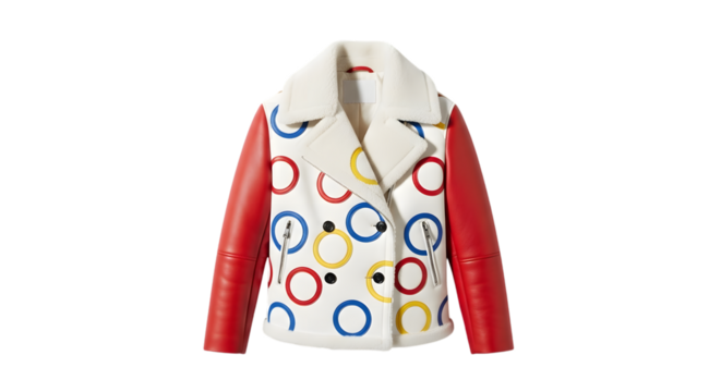 Stylish patterned jacket with red sleeves isolated on transparent background