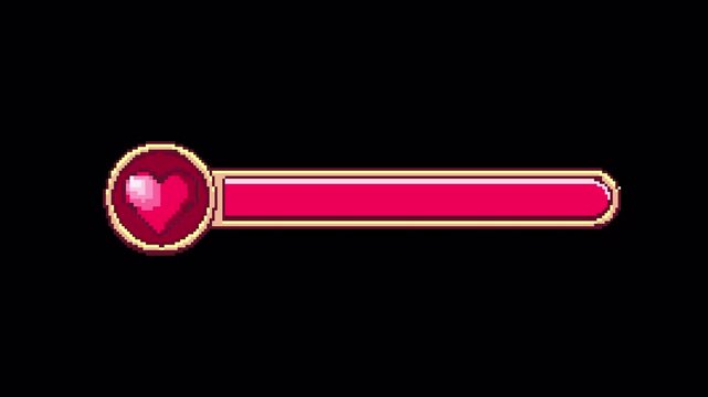 4K Retro Pixel Heart Health Bar and Love Meter. Video Game HUD Interface on Transparent Background.