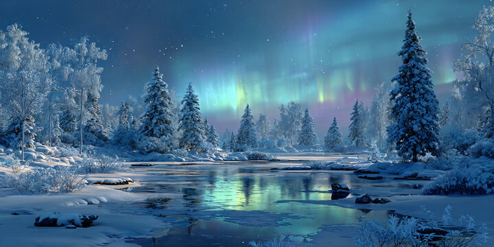 A frozen lake in a winter forest reflecting the northern lights. Snow-covered pine trees. A fantastic winter landscape. - Powered by Adobe