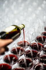 Hand pouring red wine into tasting glasses
