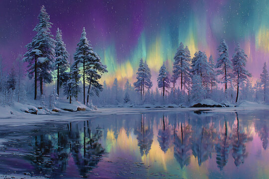 A frozen lake in a winter forest reflecting the northern lights. Snow-covered pine trees. A fantastic winter landscape.