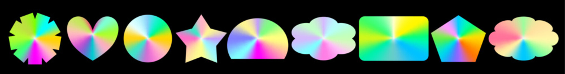Glossy hologram sticker pack featuring bright iridescent gradients. Metallic label textures give each sticker a iridescent label look.