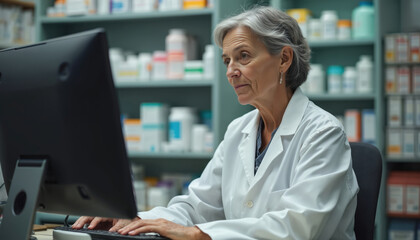 Mature woman works at computer in drugstore. Senior pharmacist manages orders. Female chemist types on keyboard in pharmacy. Health pro enters data for medicine retail service.