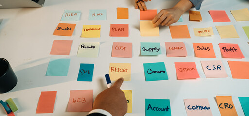 A vibrant workspace filled with colorful sticky notes represents a collaborative brainstorming session. Team members engage in strategic planning and project management discussions. SACTR