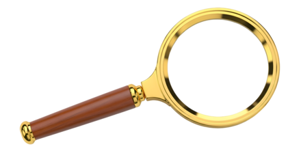 Golden Magnifying Glass with Wooden Handle on Black Background lens zoom