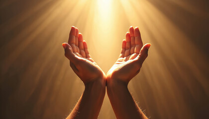 Two open palms reach upward, bathed in golden light rays. A gesture of prayer, hope, or spiritual connection to divine power. Human hands accept blessing from sky.