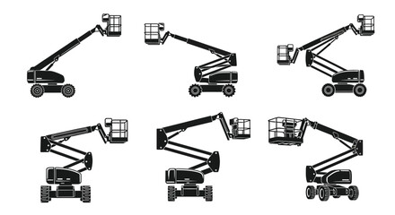 Detailed illustrations of various articulating boom lifts in black and white © md reyan