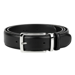 Classic black leather belt with silver buckle isolated on transparent background