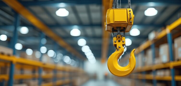 Bright yellow overhead crane hook hangs prominently in spacious modern industrial warehouse building. Heavy lift equipment ready for efficient material handling, manufacturing, daily logistics